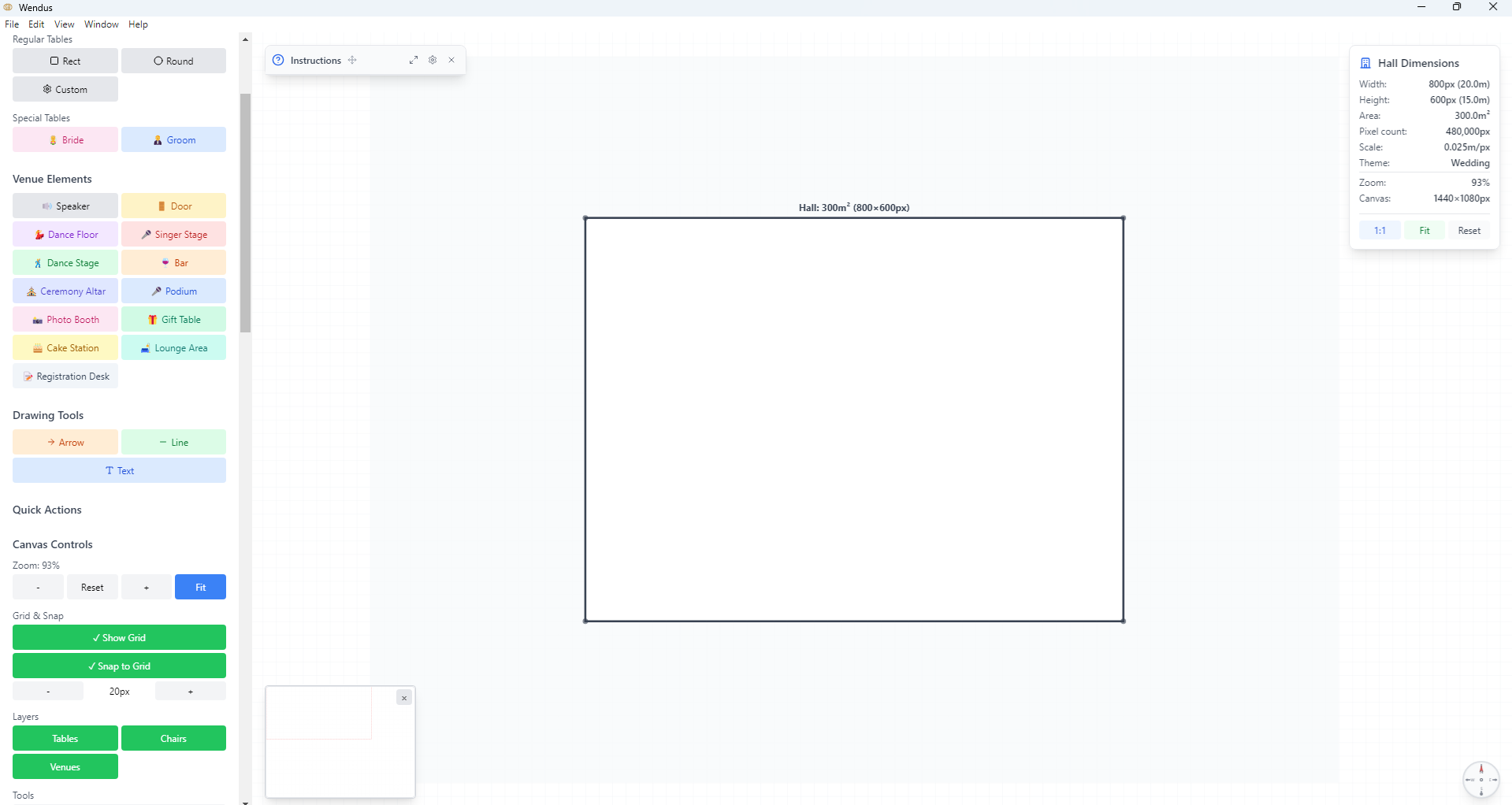 Wendus event planning software main interface showing drag-and-drop seating chart editor