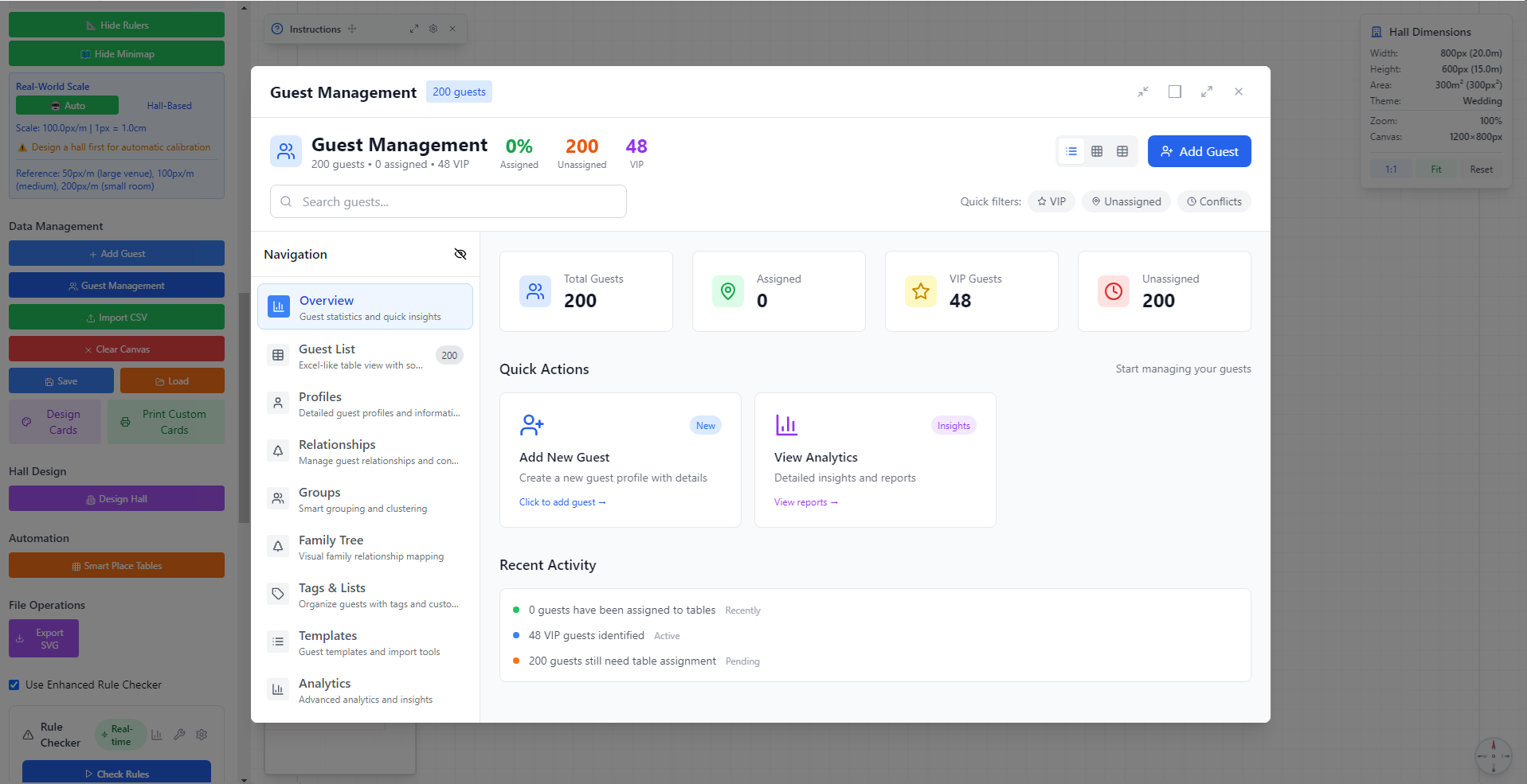 Wedding guest management dashboard with analytics and statistics for event planning