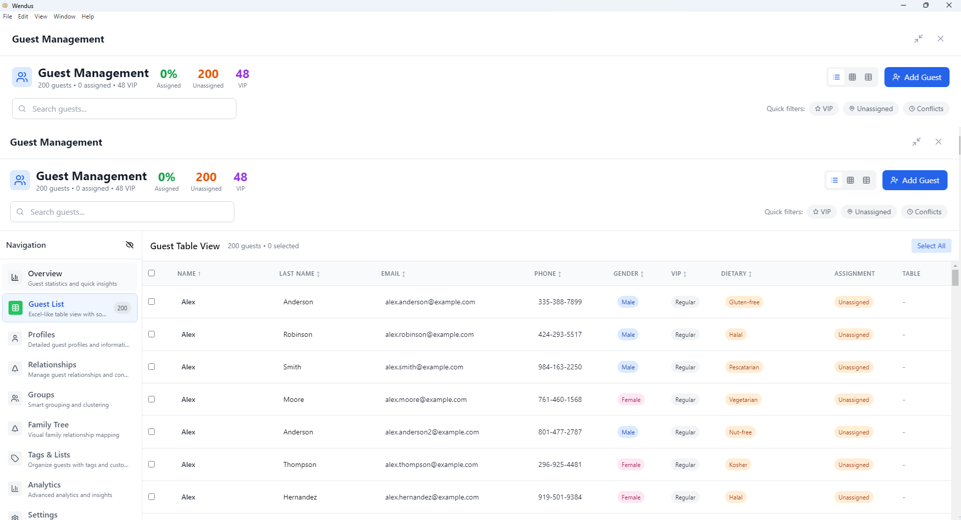 Detailed guest list view with dietary restrictions and VIP status